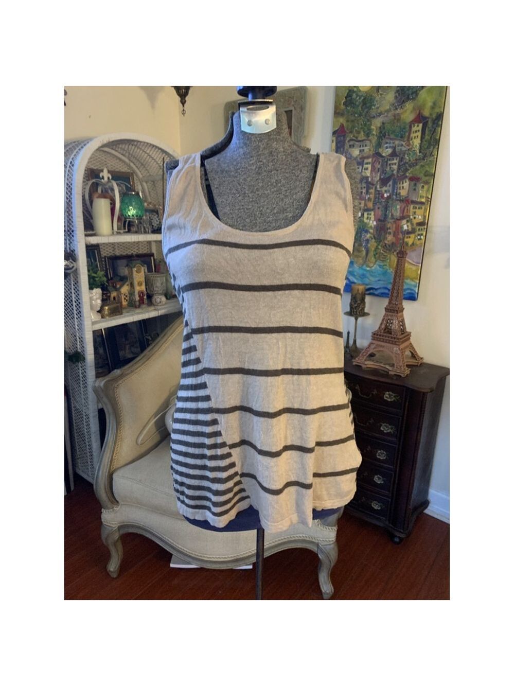 Women's Eric Alexandre Tank Top small Beige Brown Striped Sleeveless